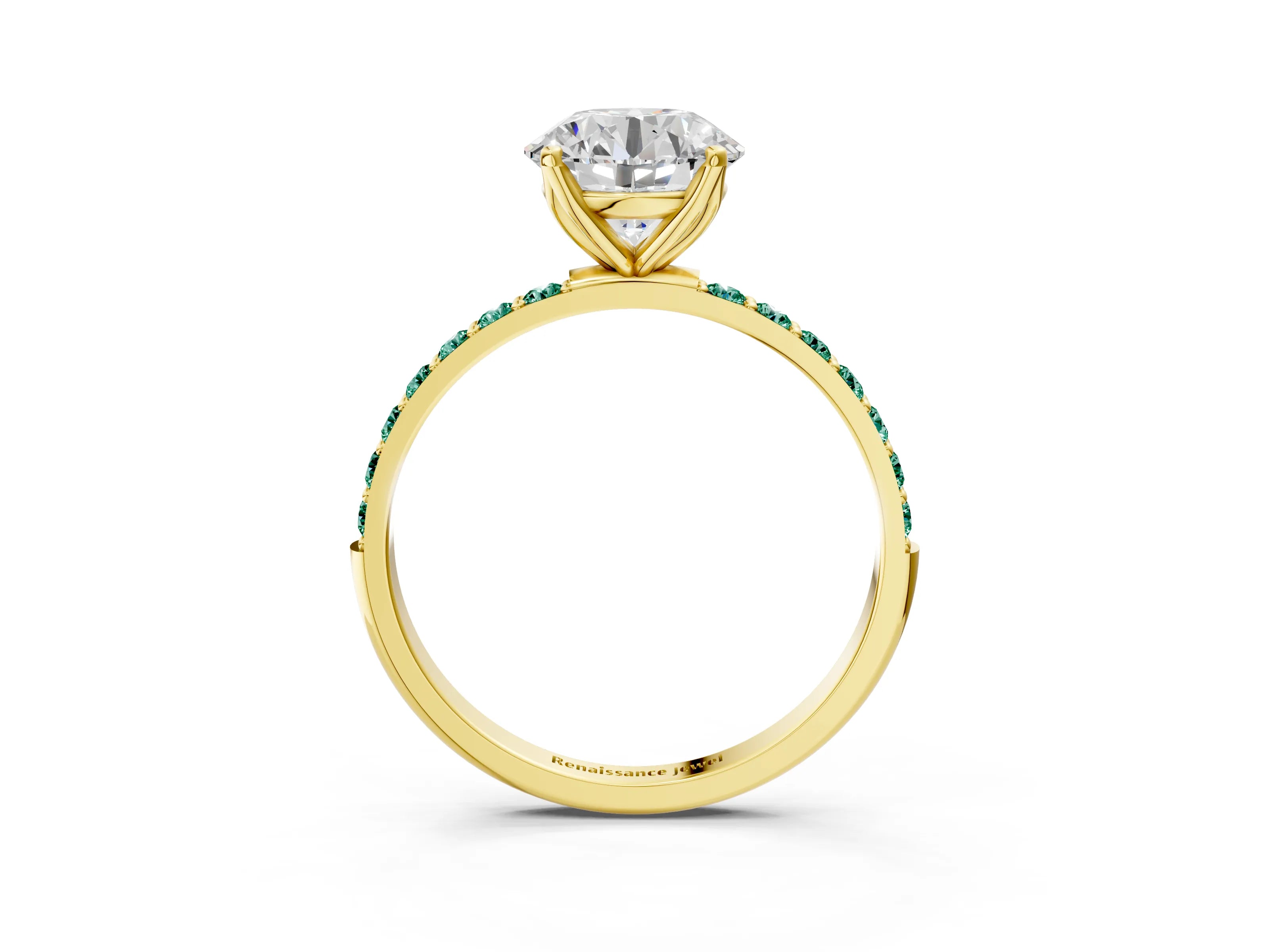 Yellow gold Round Cut Diamond Solitaire Engagement Ring with Round with Green Sapphire side stone Pavé Band and Prong Setting_3