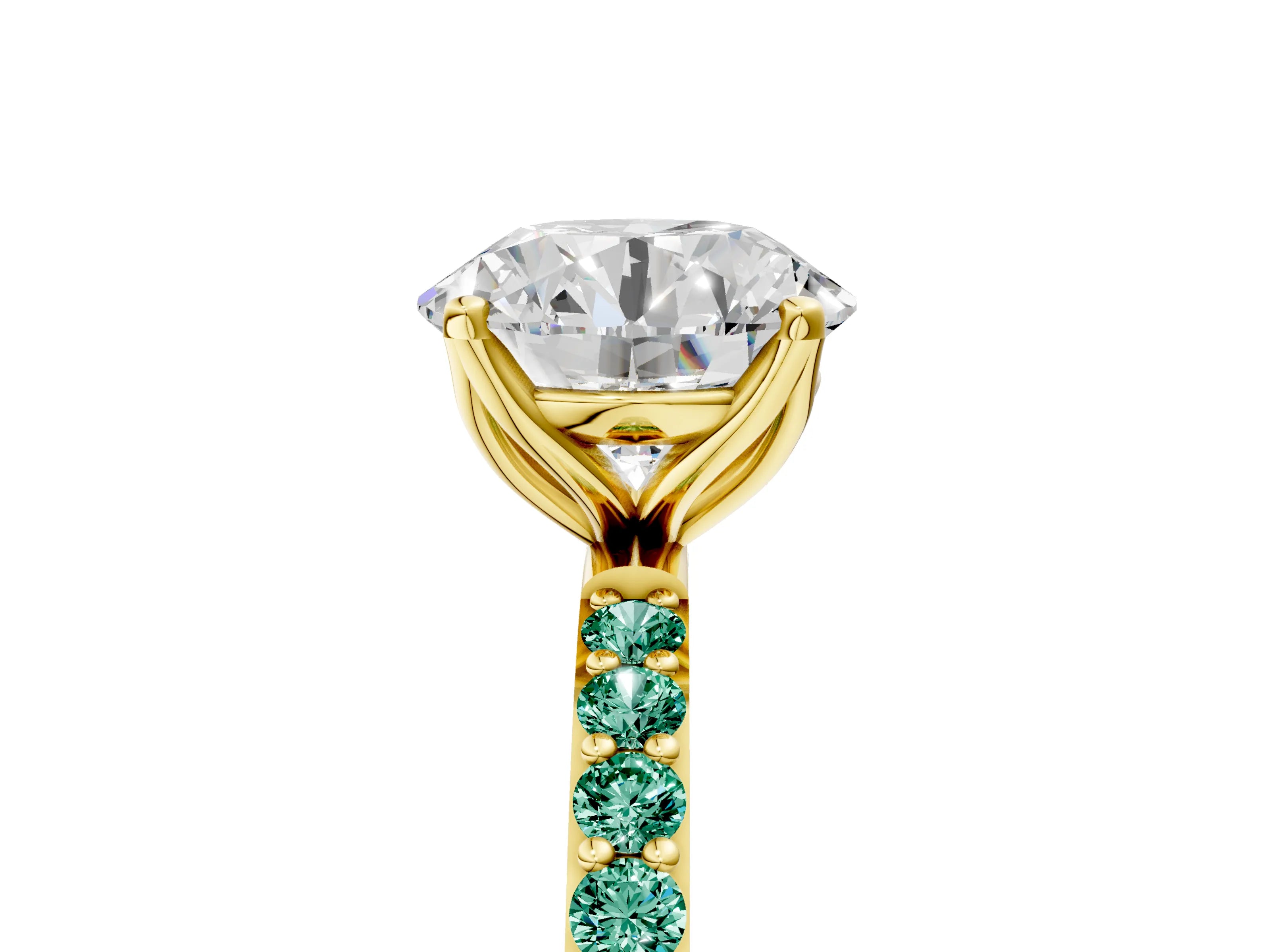Yellow gold Round Cut Diamond Solitaire Engagement Ring with Round with Green Sapphire side stone Pavé Band and Prong Setting_5