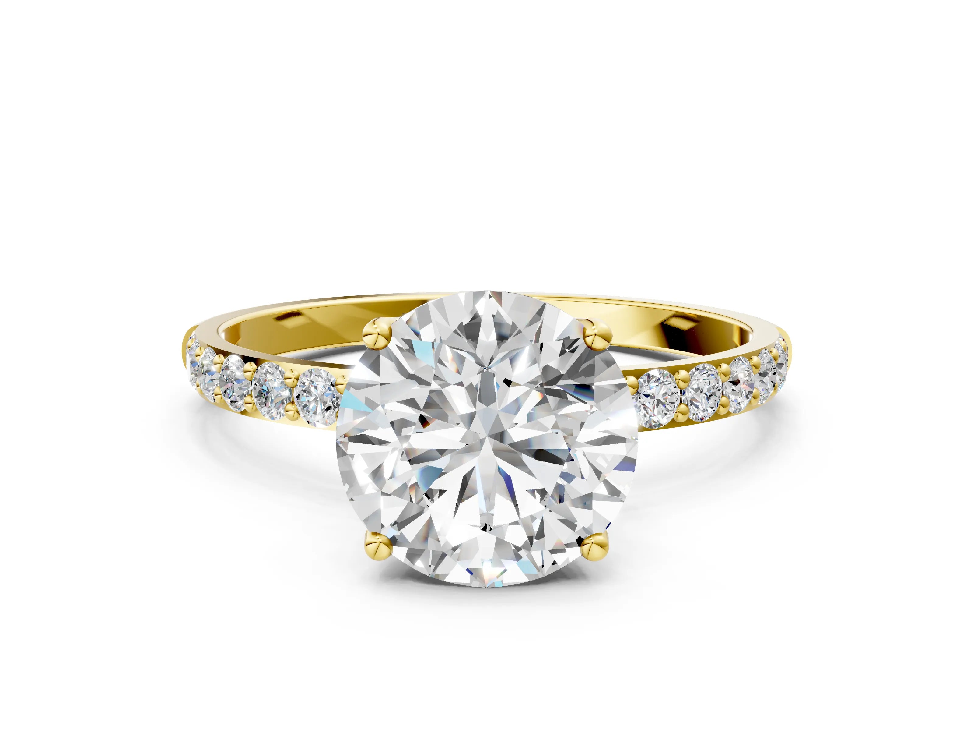 Yellow gold Round Cut Diamond Solitaire Engagement Ring with Round with Moissanite side stone Pavé Band and Prong Setting