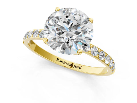 Yellow gold Round Cut Diamond Solitaire Engagement Ring with Round with Moissanite side stone Pavé Band and Prong Setting_1