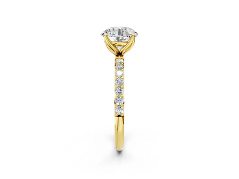 Yellow gold Round Cut Diamond Solitaire Engagement Ring with Round with Moissanite side stone Pavé Band and Prong Setting_2