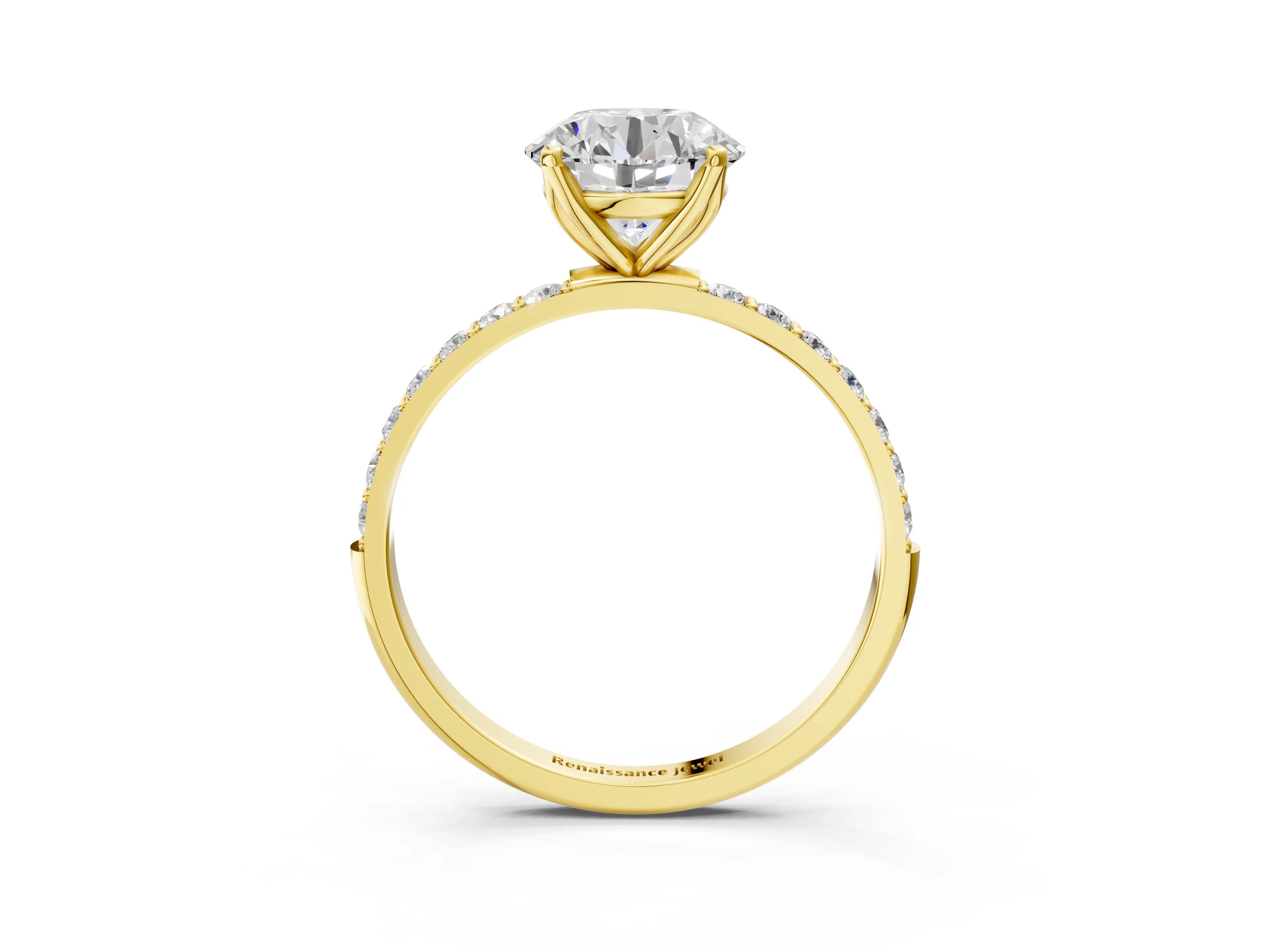 Yellow gold Round Cut Diamond Solitaire Engagement Ring with Round with Moissanite side stone Pavé Band and Prong Setting_3