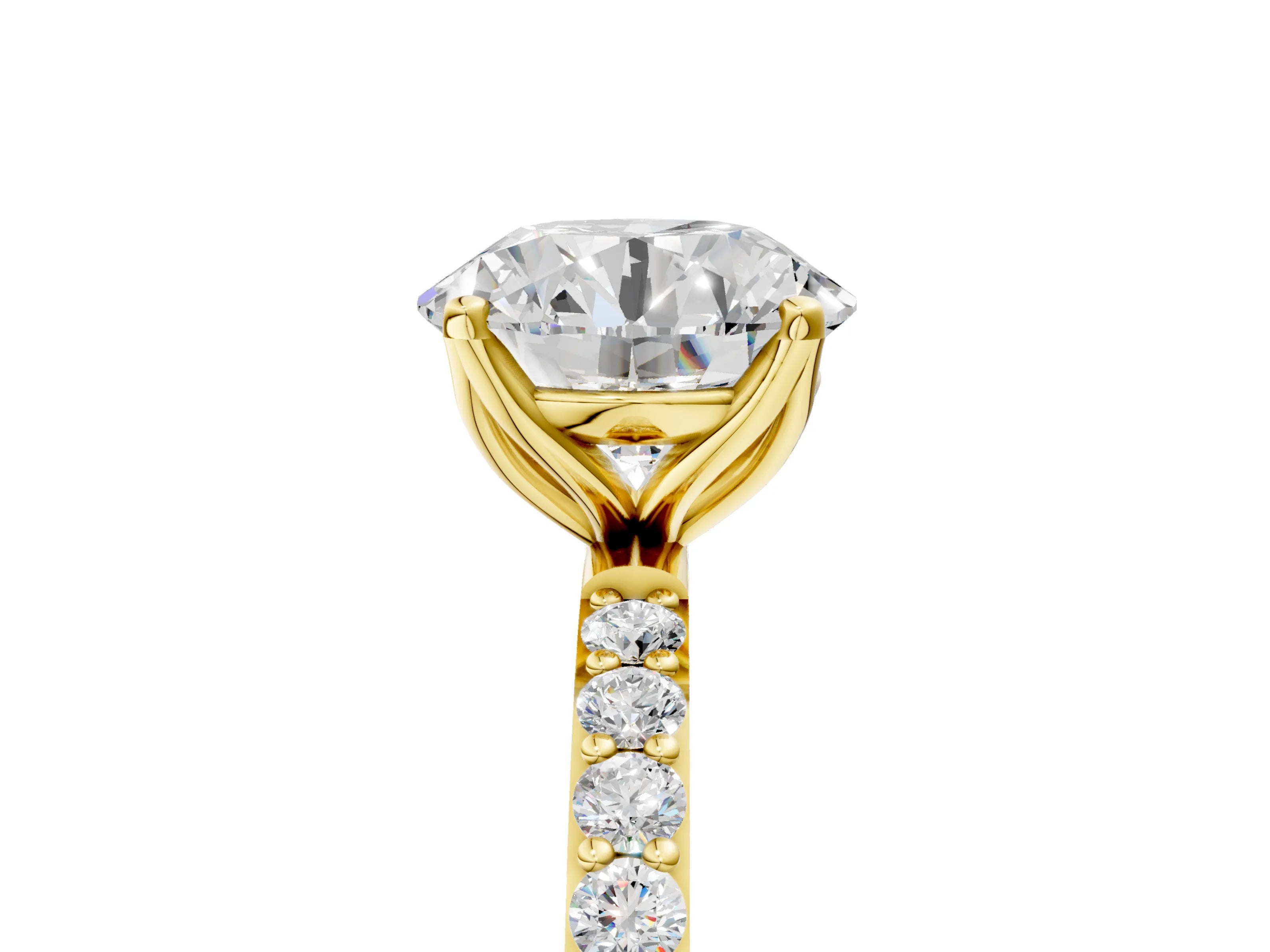 Yellow gold Round Cut Diamond Solitaire Engagement Ring with Round with Moissanite side stone Pavé Band and Prong Setting_5