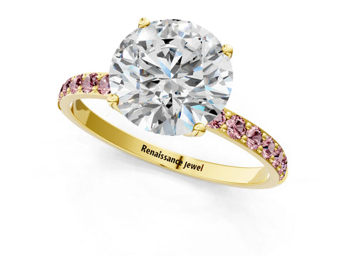 Yellow gold Round Cut Diamond Solitaire Engagement Ring with Round with Morganite side stone Pavé Band and Prong Setting_1