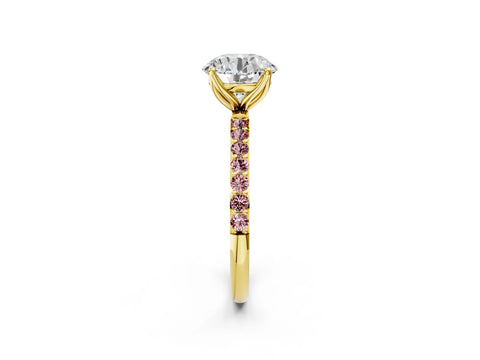 Yellow gold Round Cut Diamond Solitaire Engagement Ring with Round with Morganite side stone Pavé Band and Prong Setting_2