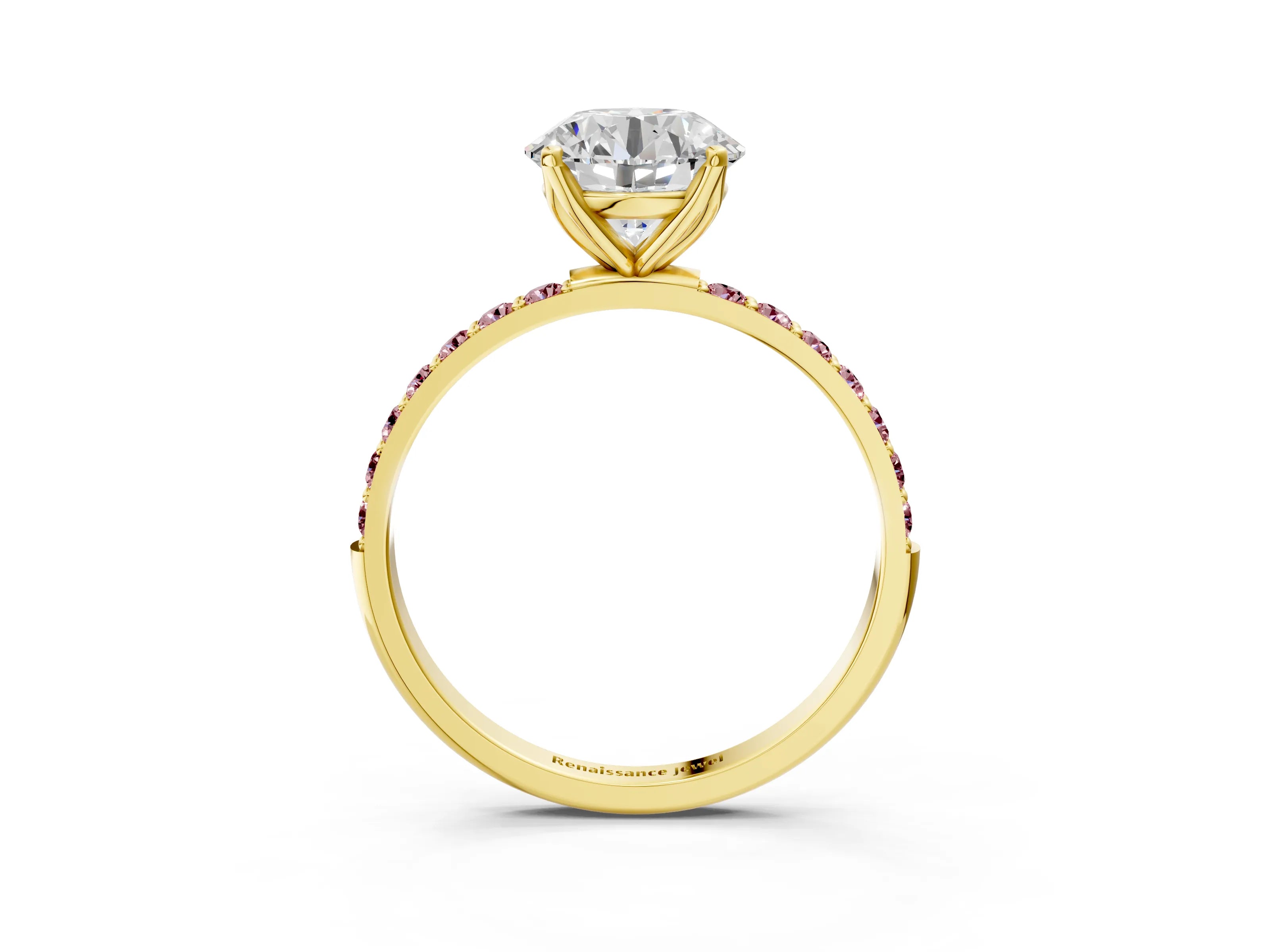 Yellow gold Round Cut Diamond Solitaire Engagement Ring with Round with Morganite side stone Pavé Band and Prong Setting_3