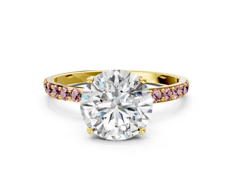 Yellow gold Round Cut Diamond Solitaire Engagement Ring with Round with Morganite side stone Pavé Band and Prong Setting