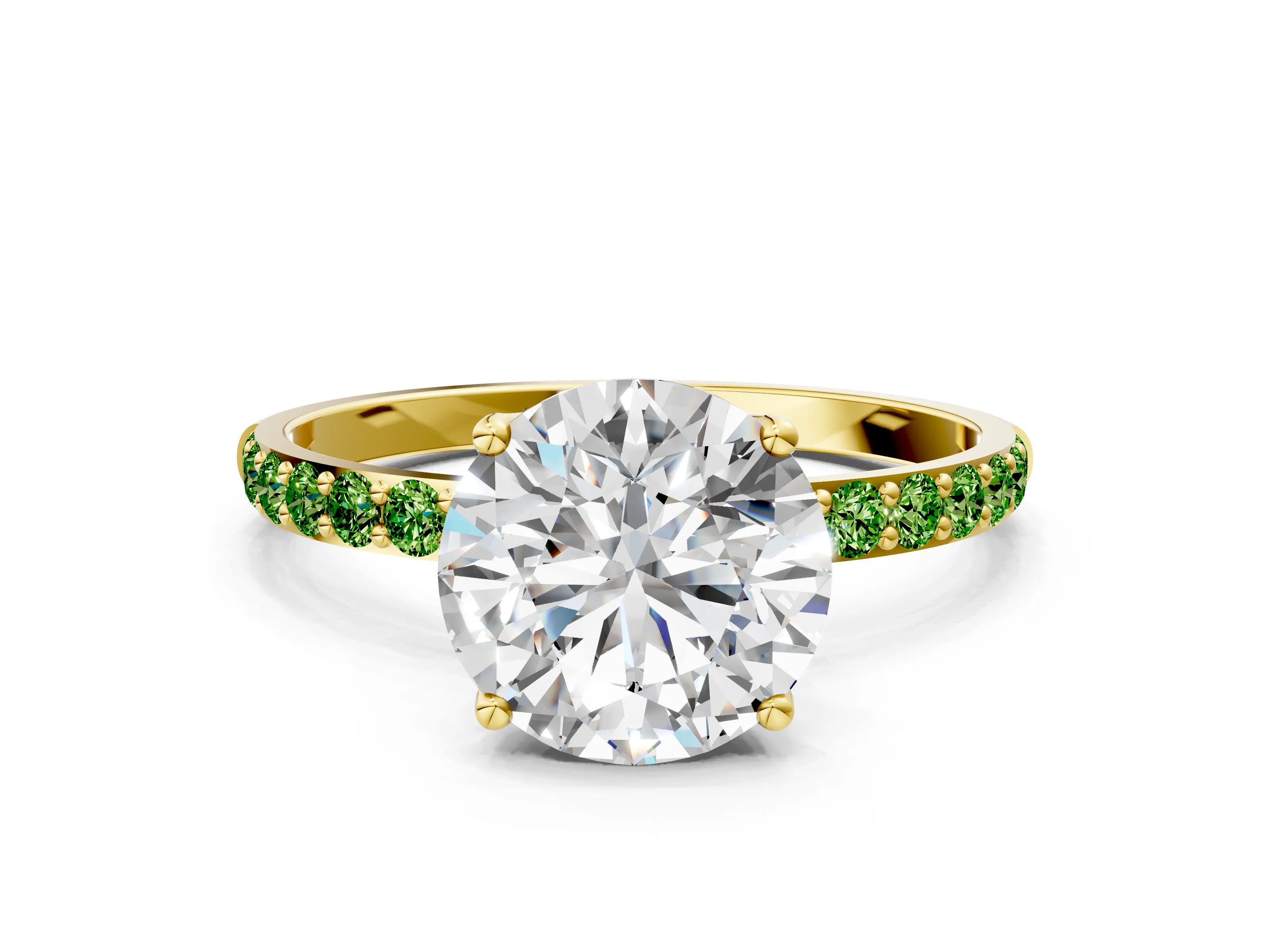 Yellow gold Round Cut Diamond Solitaire Engagement Ring with Round with Peridot side stone Pavé Band and Prong Setting