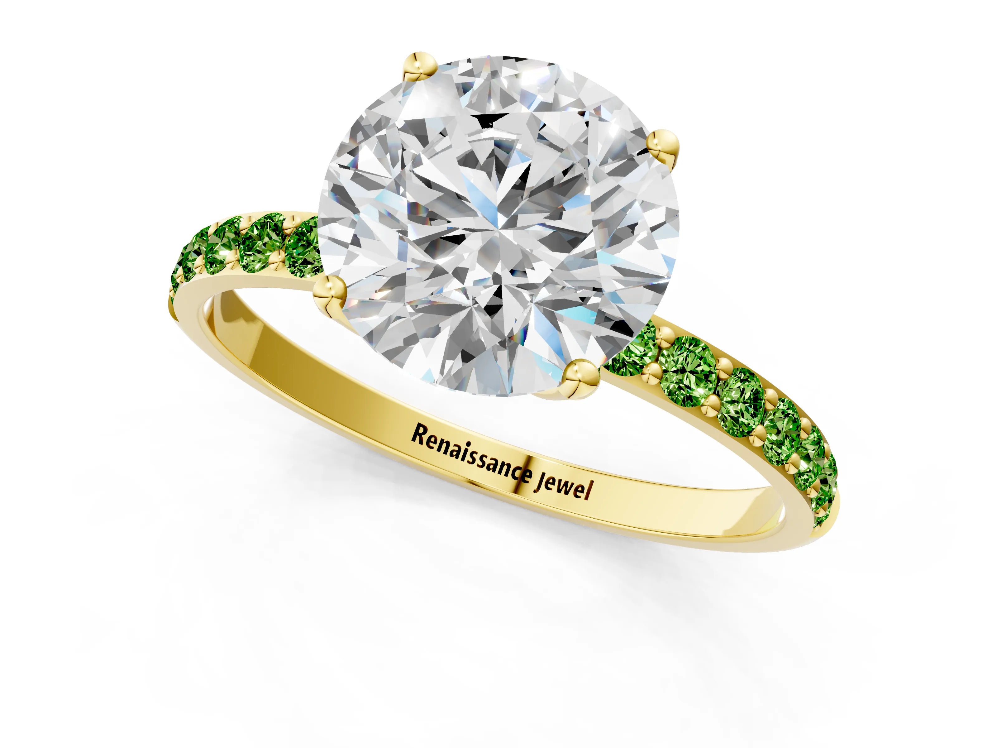 Yellow gold Round Cut Diamond Solitaire Engagement Ring with Round with Peridot side stone Pavé Band and Prong Setting_1