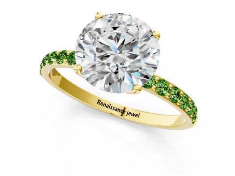 Yellow gold Round Cut Diamond Solitaire Engagement Ring with Round with Peridot side stone Pavé Band and Prong Setting_1