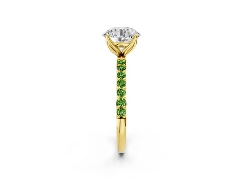 Yellow gold Round Cut Diamond Solitaire Engagement Ring with Round with Peridot side stone Pavé Band and Prong Setting_2