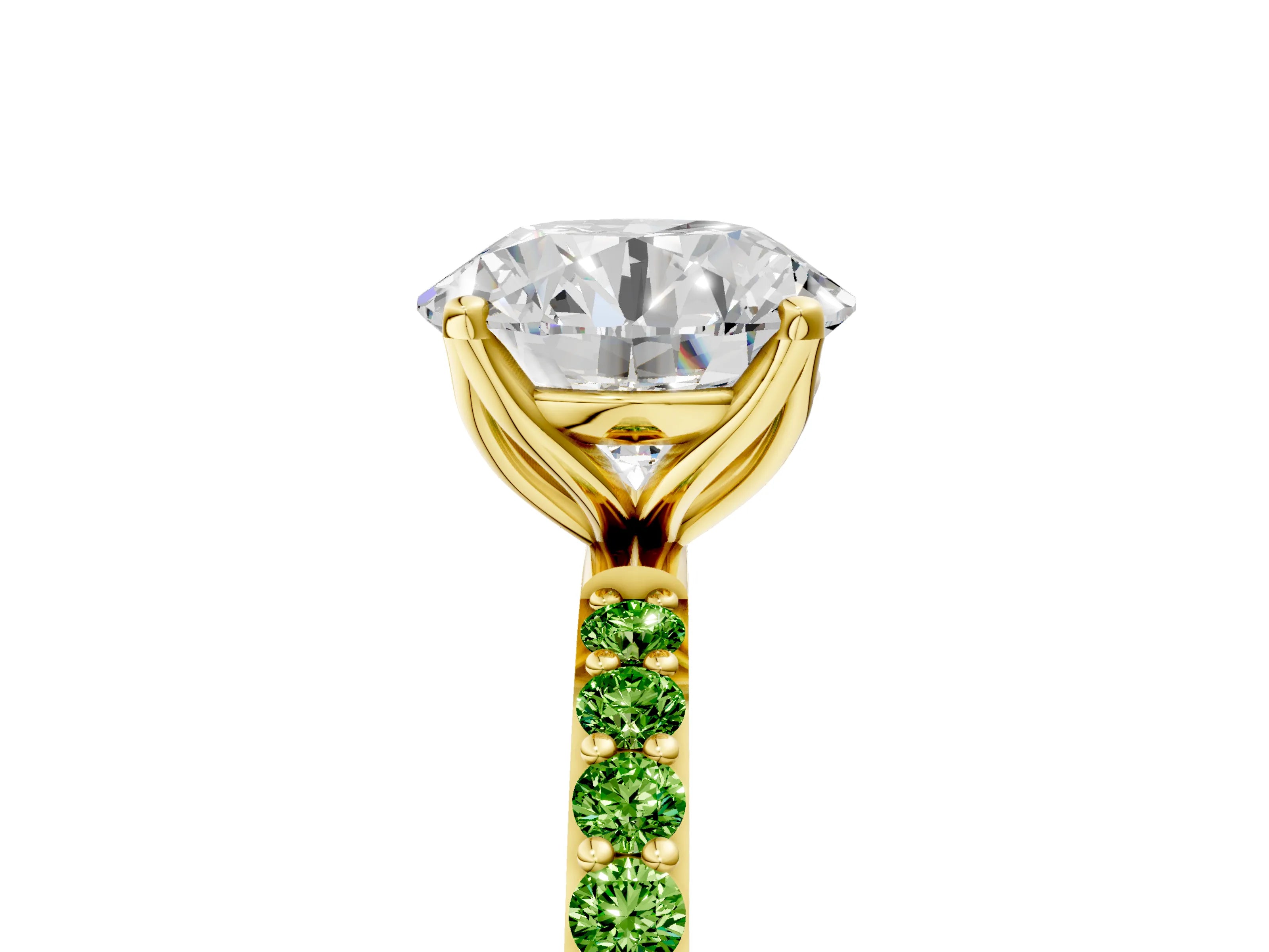 Yellow gold Round Cut Diamond Solitaire Engagement Ring with Round with Peridot side stone Pavé Band and Prong Setting_5