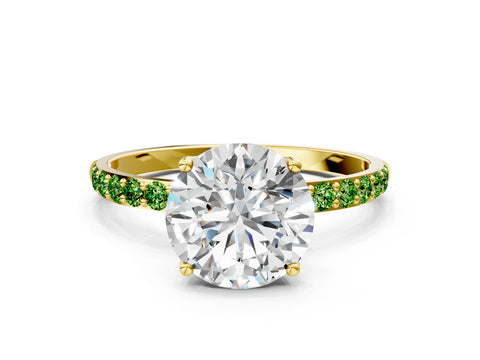Yellow gold Round Cut Diamond Solitaire Engagement Ring with Round with Peridot side stone Pavé Band and Prong Setting