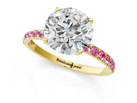Yellow gold Round Cut Diamond Solitaire Engagement Ring with Round with Pink Sapphire side stone Pavé Band and Prong Setting_1