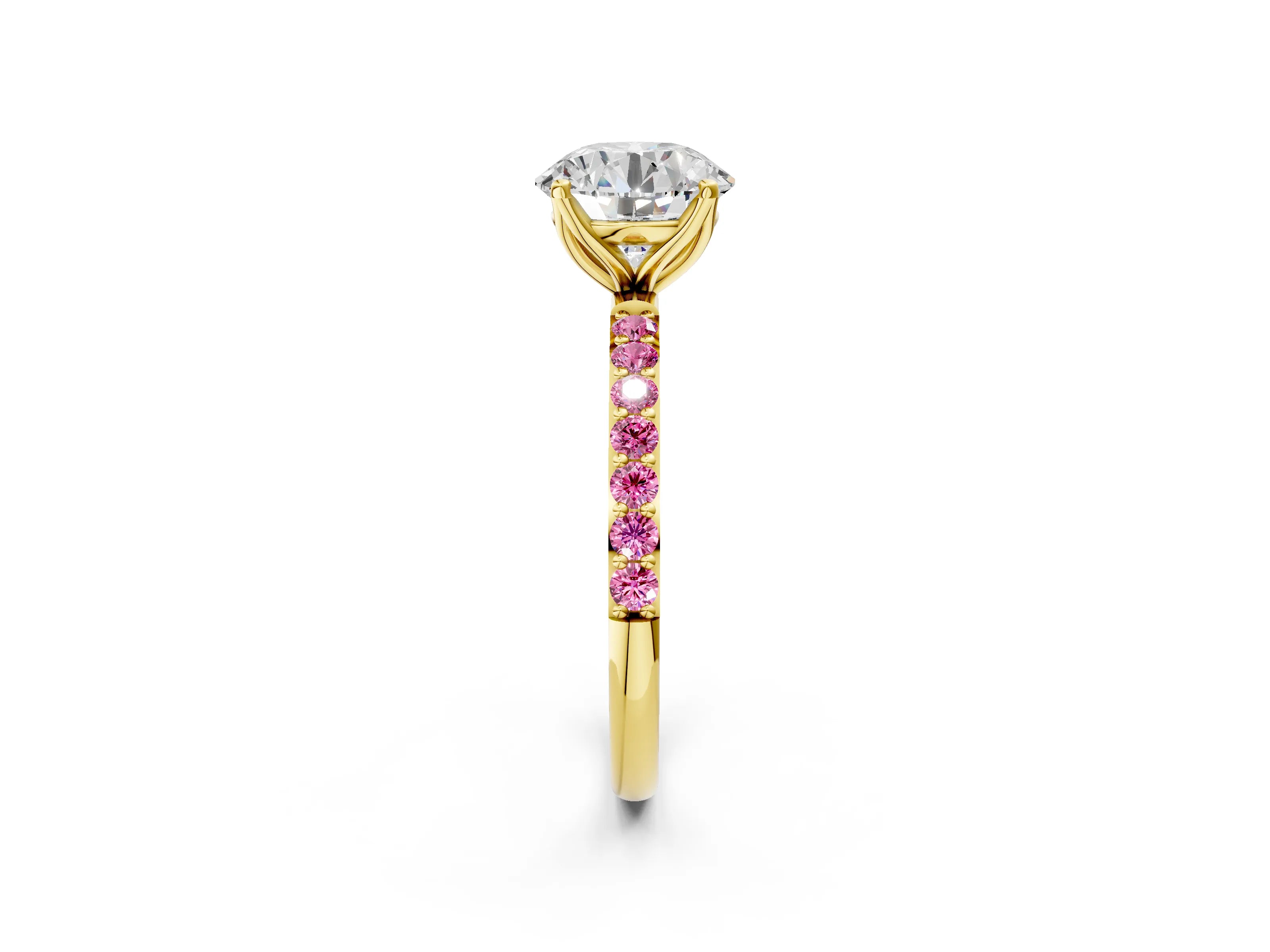 Yellow gold Round Cut Diamond Solitaire Engagement Ring with Round with Pink Sapphire side stone Pavé Band and Prong Setting_2