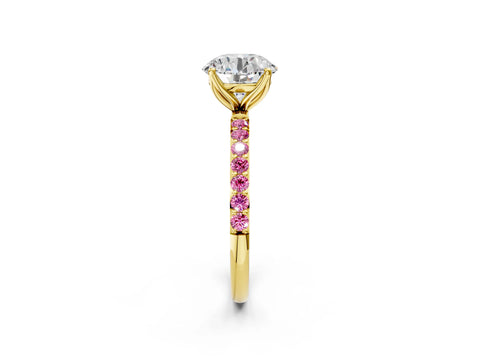 Yellow gold Round Cut Diamond Solitaire Engagement Ring with Round with Pink Sapphire side stone Pavé Band and Prong Setting_2