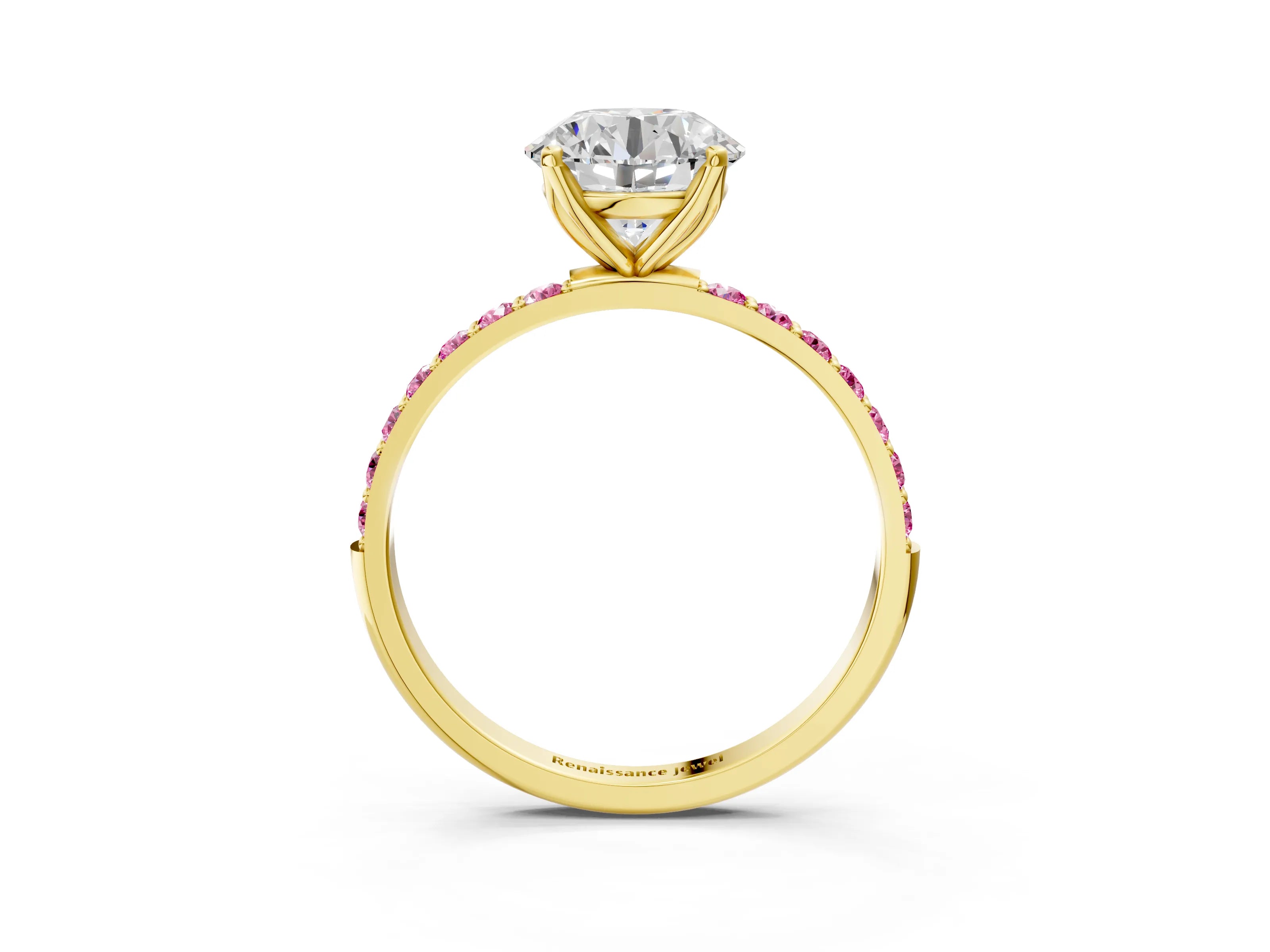 Yellow gold Round Cut Diamond Solitaire Engagement Ring with Round with Pink Sapphire side stone Pavé Band and Prong Setting_3