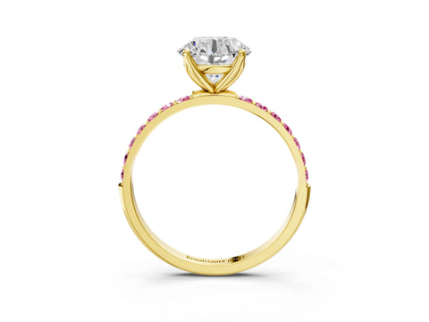 Yellow gold Round Cut Diamond Solitaire Engagement Ring with Round with Pink Sapphire side stone Pavé Band and Prong Setting_3