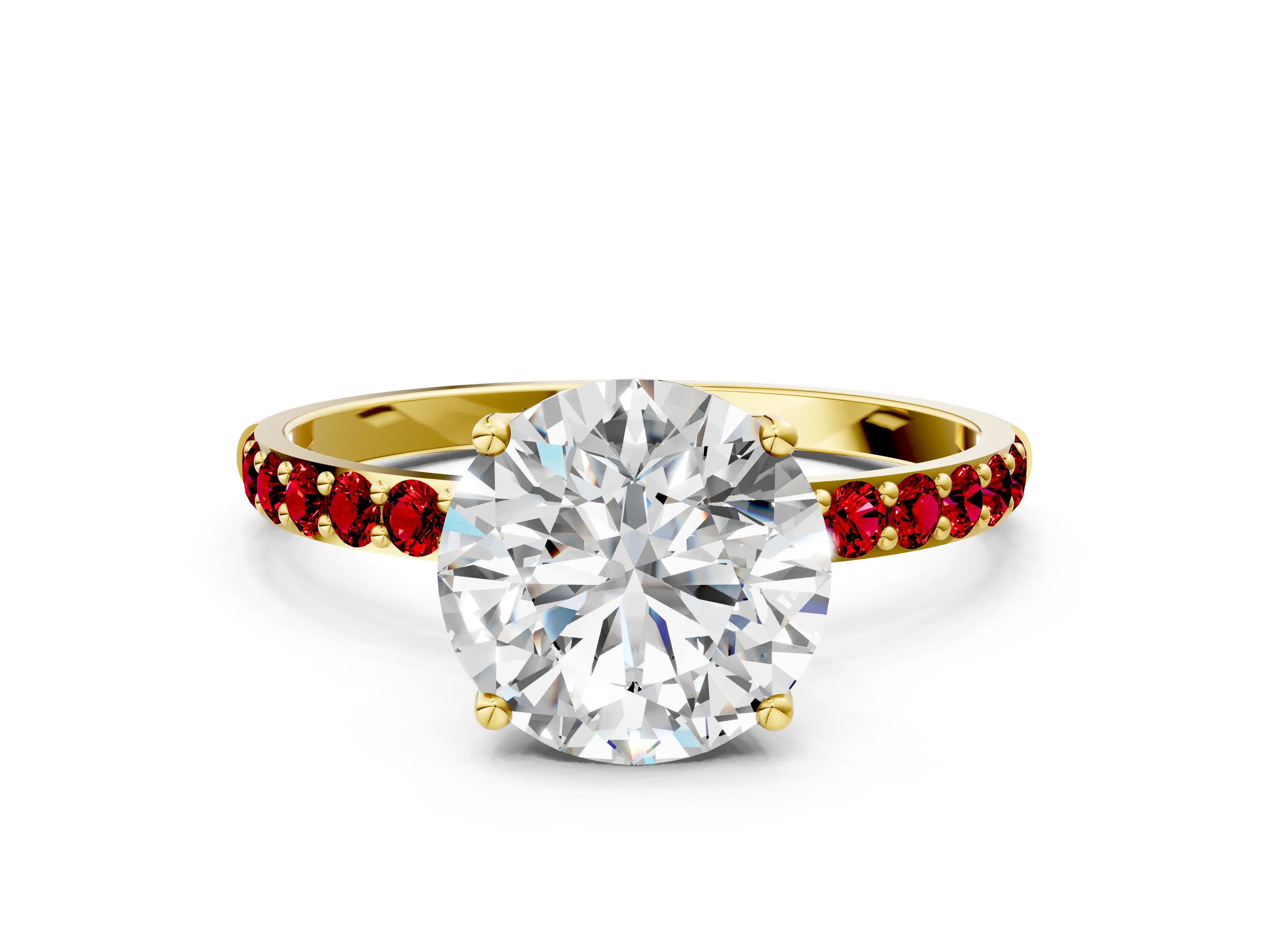 Yellow gold Round Cut Diamond Solitaire Engagement Ring with Round with Ruby side stone Pavé Band and Prong Setting