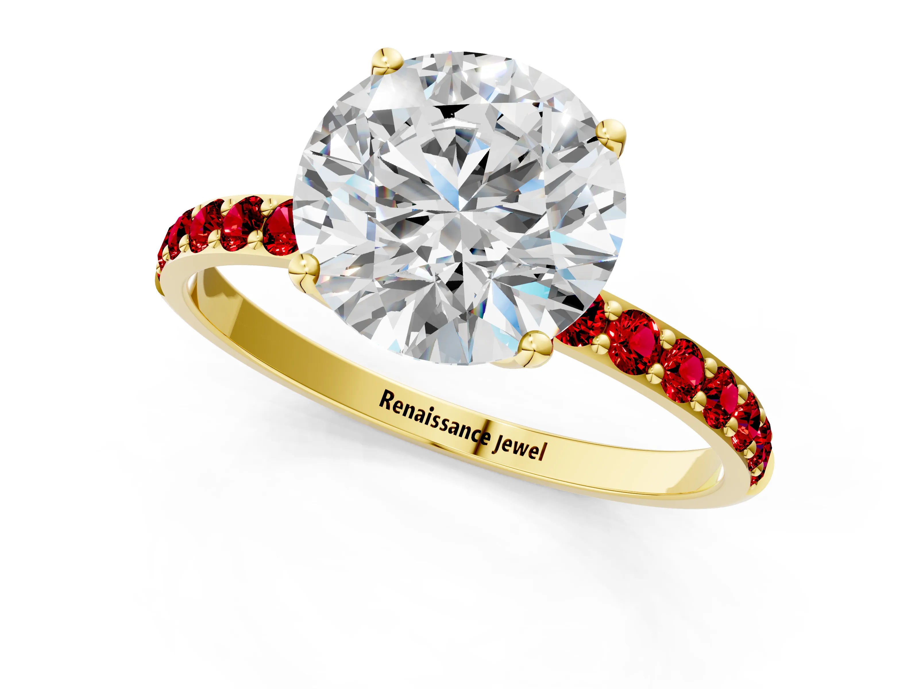 Yellow gold Round Cut Diamond Solitaire Engagement Ring with Round with Ruby side stone Pavé Band and Prong Setting_1