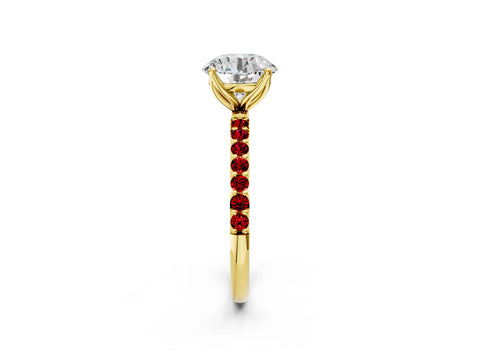 Yellow gold Round Cut Diamond Solitaire Engagement Ring with Round with Ruby side stone Pavé Band and Prong Setting_2