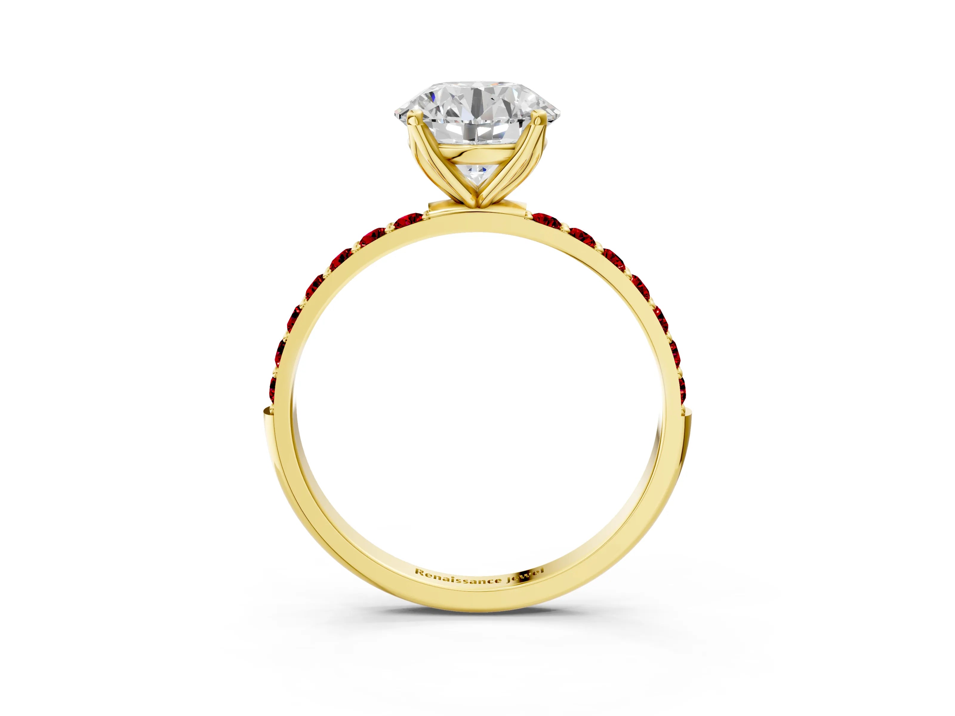 Yellow gold Round Cut Diamond Solitaire Engagement Ring with Round with Ruby side stone Pavé Band and Prong Setting_3