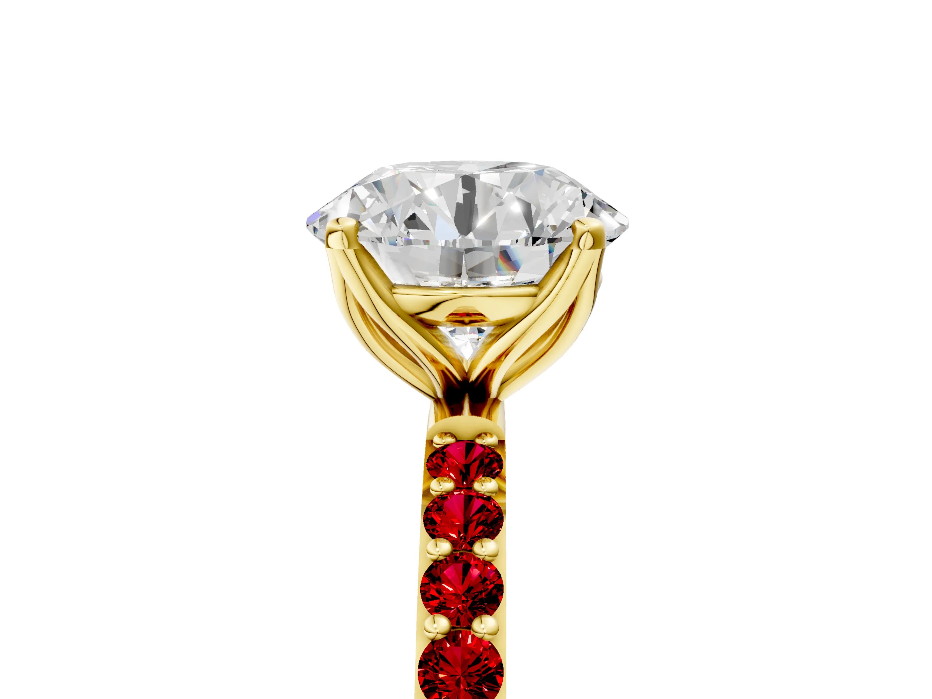 Yellow gold Round Cut Diamond Solitaire Engagement Ring with Round with Ruby side stone Pavé Band and Prong Setting_5