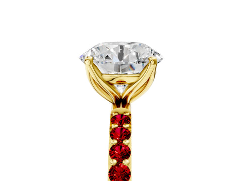 Yellow gold Round Cut Diamond Solitaire Engagement Ring with Round with Ruby side stone Pavé Band and Prong Setting_5