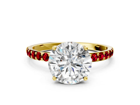 Yellow gold Round Cut Diamond Solitaire Engagement Ring with Round with Ruby side stone Pavé Band and Prong Setting