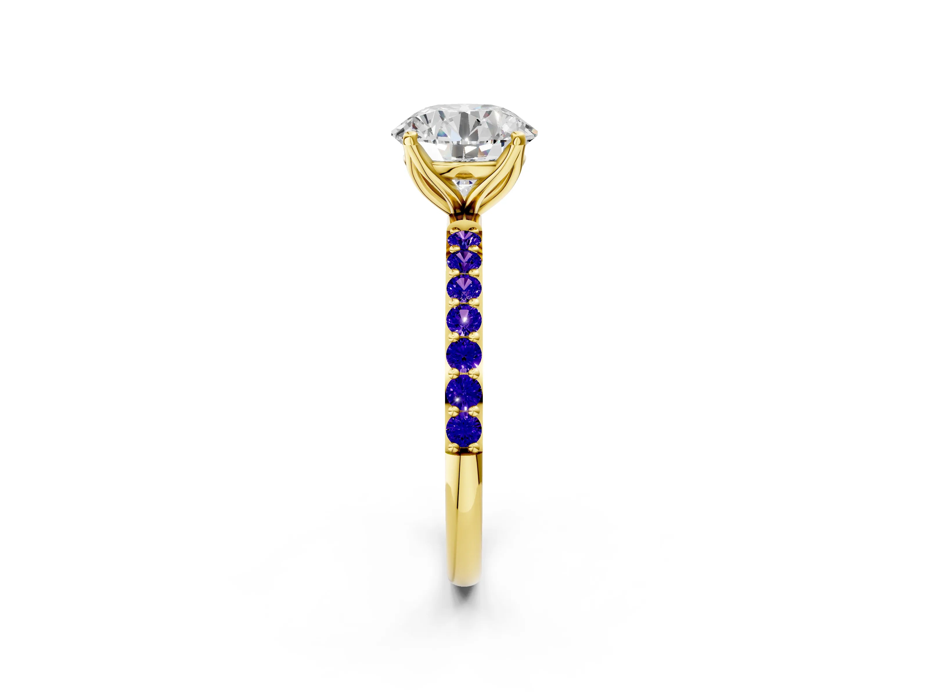 Yellow gold Round Cut Diamond Solitaire Engagement Ring with Round with Tanzanite side stone Pavé Band and Prong Setting_2