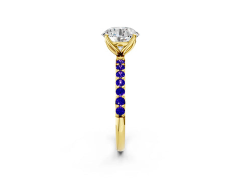 Yellow gold Round Cut Diamond Solitaire Engagement Ring with Round with Tanzanite side stone Pavé Band and Prong Setting_2