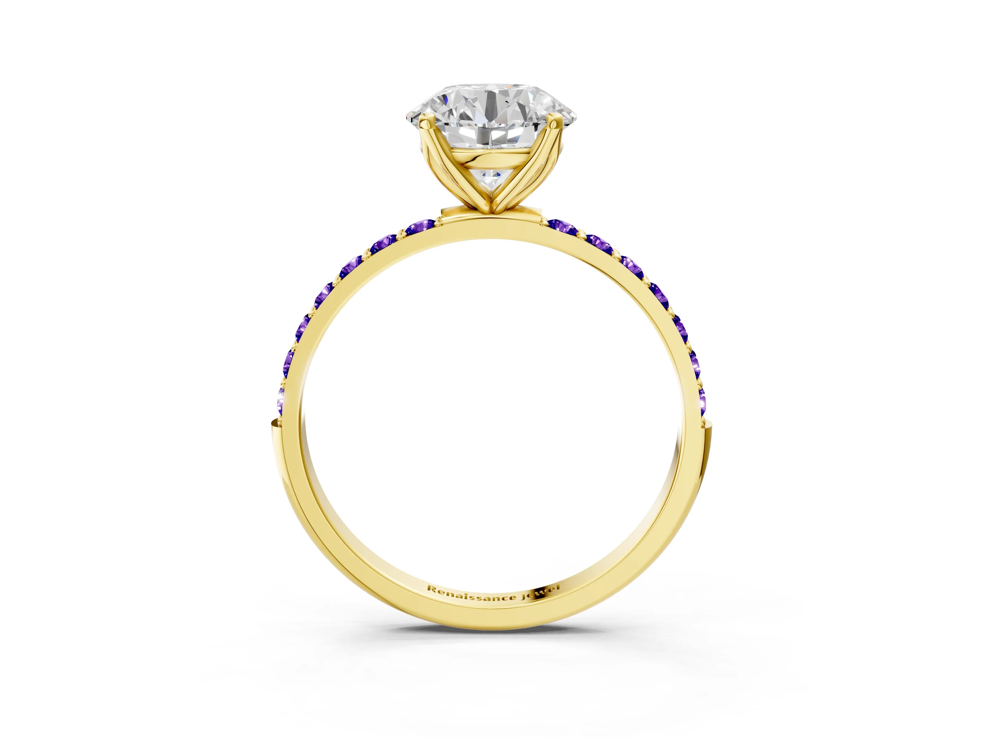 Yellow gold Round Cut Diamond Solitaire Engagement Ring with Round with Tanzanite side stone Pavé Band and Prong Setting_3
