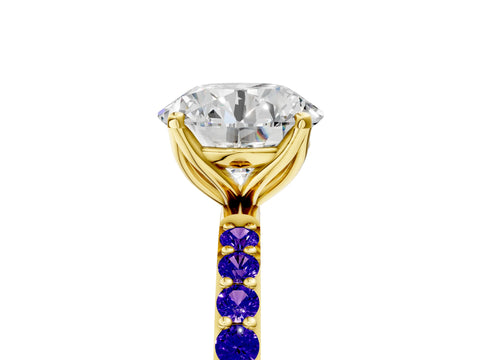 Yellow gold Round Cut Diamond Solitaire Engagement Ring with Round with Tanzanite side stone Pavé Band and Prong Setting_5