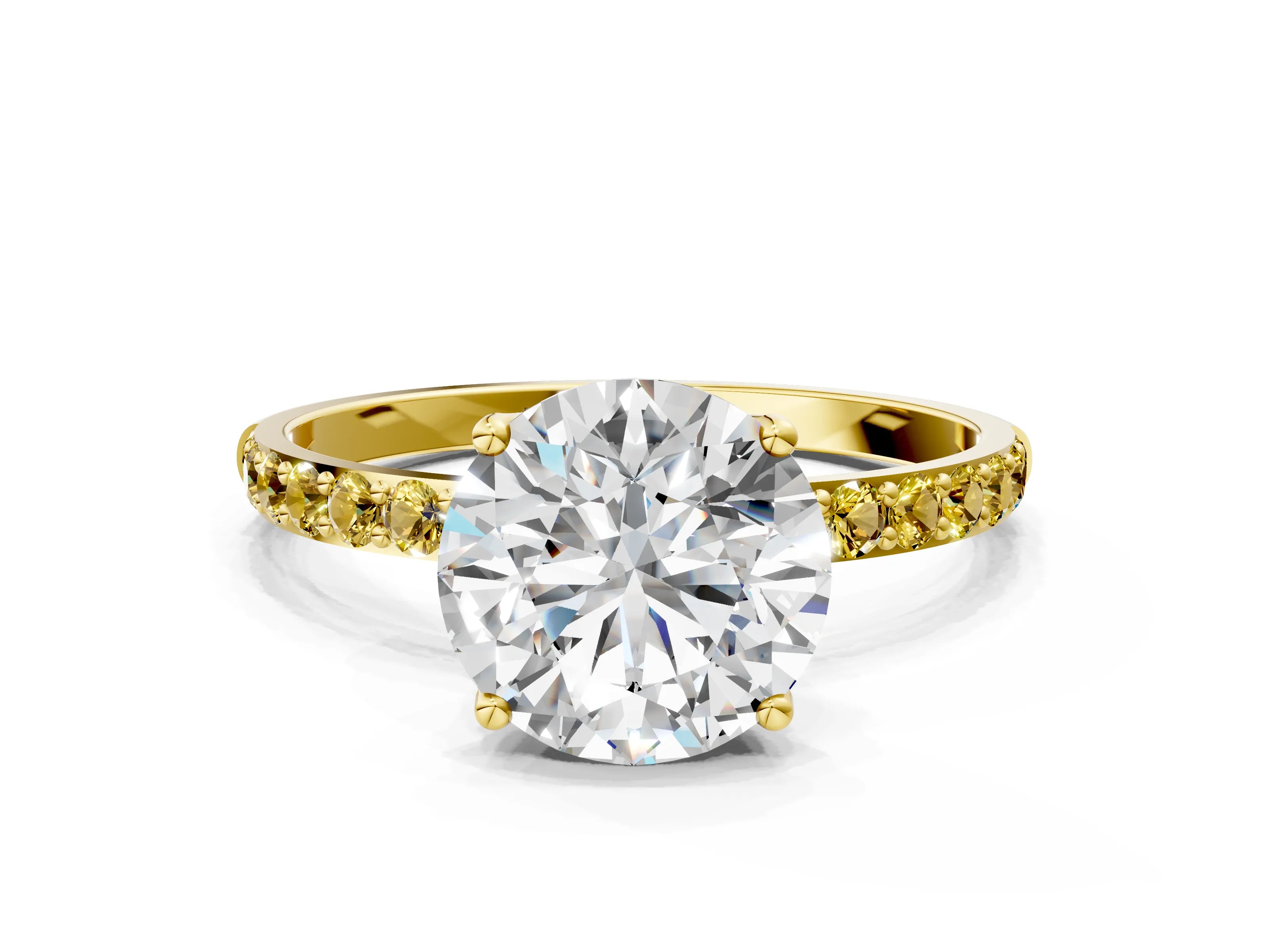 Yellow gold Round Cut Diamond Solitaire Engagement Ring with Round with Yellow Sapphire side stone Pavé Band and Prong Setting