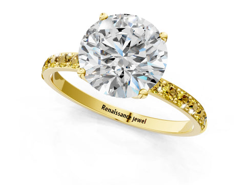 Yellow gold Round Cut Diamond Solitaire Engagement Ring with Round with Yellow Sapphire side stone Pavé Band and Prong Setting_1