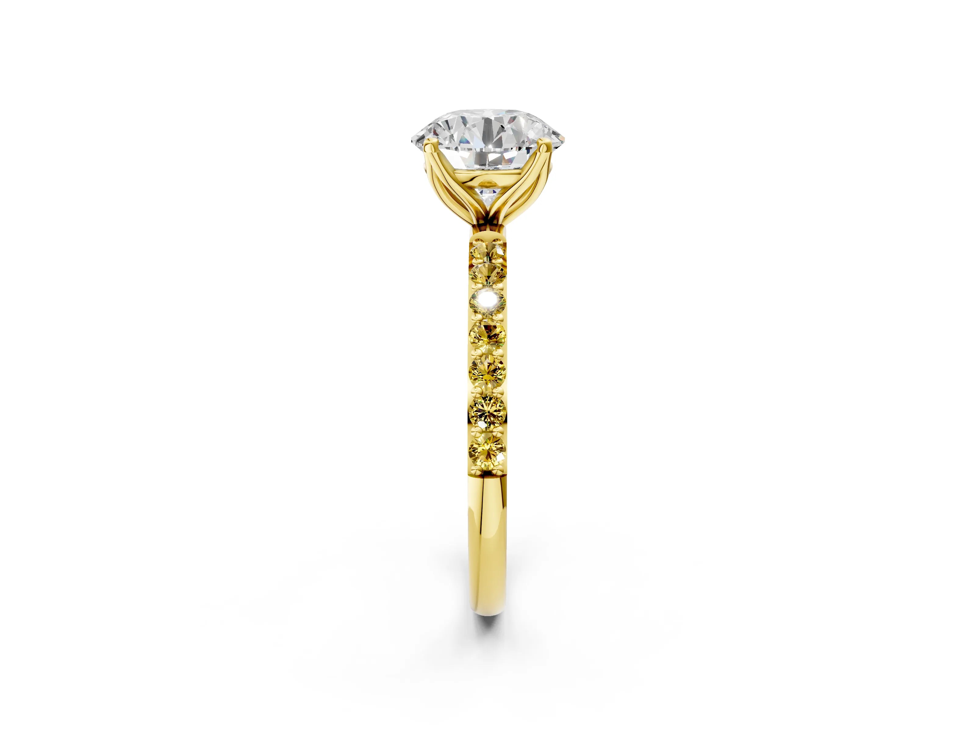 Yellow gold Round Cut Diamond Solitaire Engagement Ring with Round with Yellow Sapphire side stone Pavé Band and Prong Setting_2