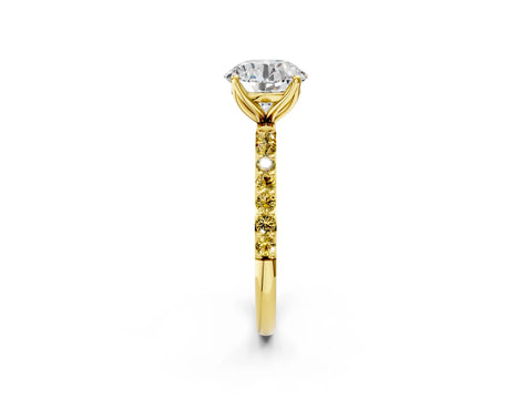 Yellow gold Round Cut Diamond Solitaire Engagement Ring with Round with Yellow Sapphire side stone Pavé Band and Prong Setting_2