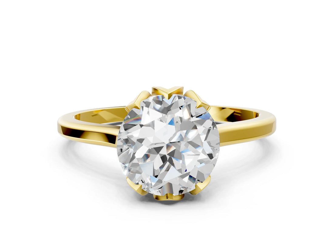 Yellow gold Round Cut Diamond Solitaire Ring with Flower Prong Setting and Classic Band_220