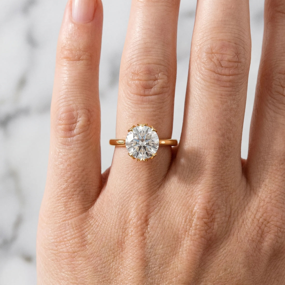 Yellow gold Round Cut Diamond Solitaire Ring with Flower Prong Setting and Classic Band_232