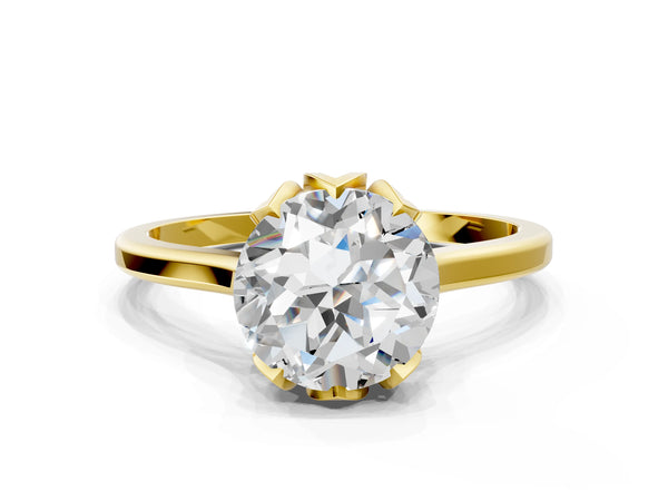 Yellow Gold Round Floral Solitaire Engagement Ring Setting with Flower Head and Plain Band