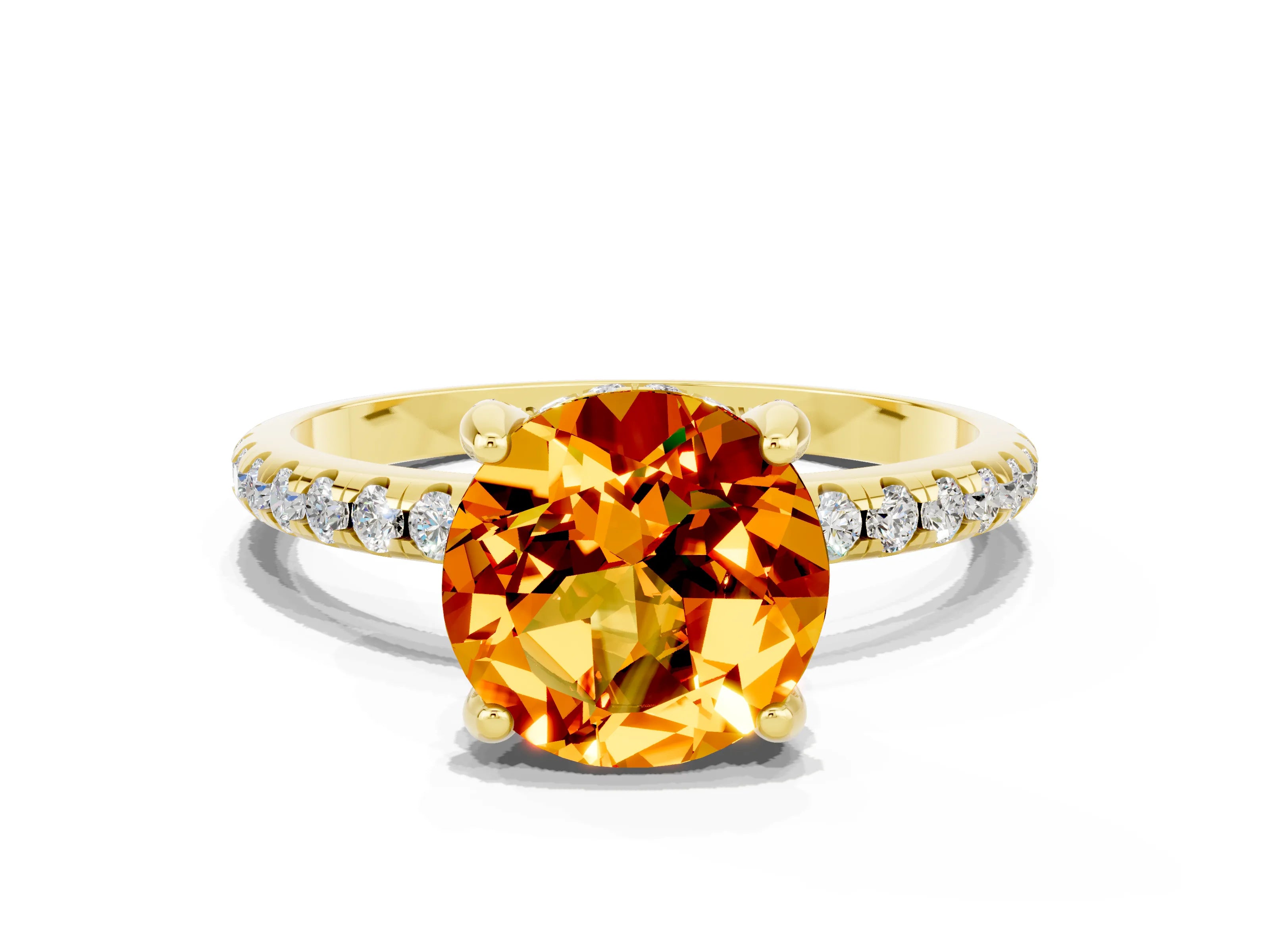 Yellow gold Round Cut Diamond Solitaire Ring with Four-Prong Setting and Pavé Band