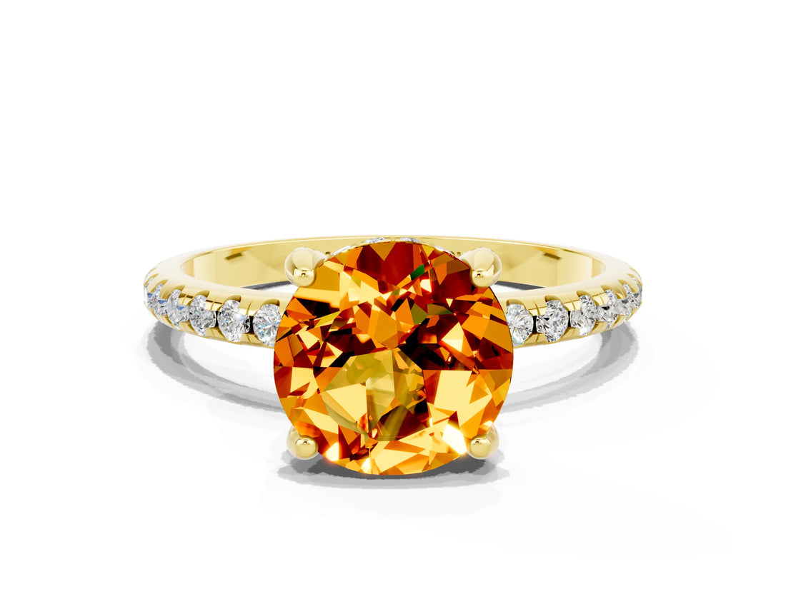 Yellow gold Round Cut Diamond Solitaire Ring with Four-Prong Setting and Pavé Band