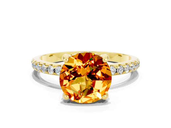 Yellow gold Round Cut Citrine Hidden Halo Engagement Ring with Round Pavé Band and Prong Setting