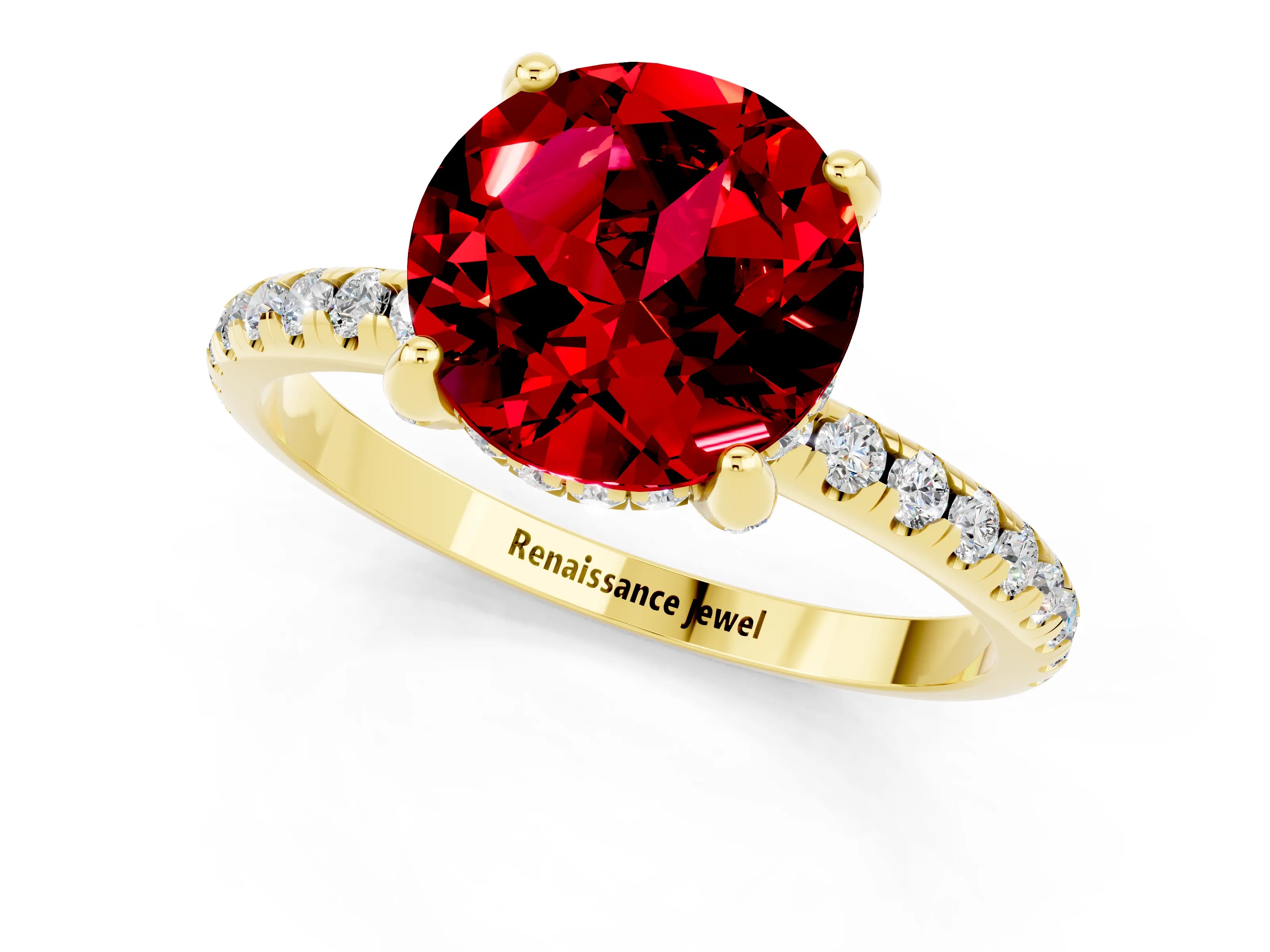 Yellow gold Round Cut Diamond Solitaire Ring with Four-Prong Setting and Pavé Band_1