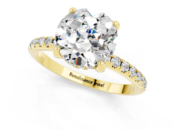 Yellow gold Round Cut Moissanite Hidden Halo Engagement Ring with Round Pavé Band and Prong Setting