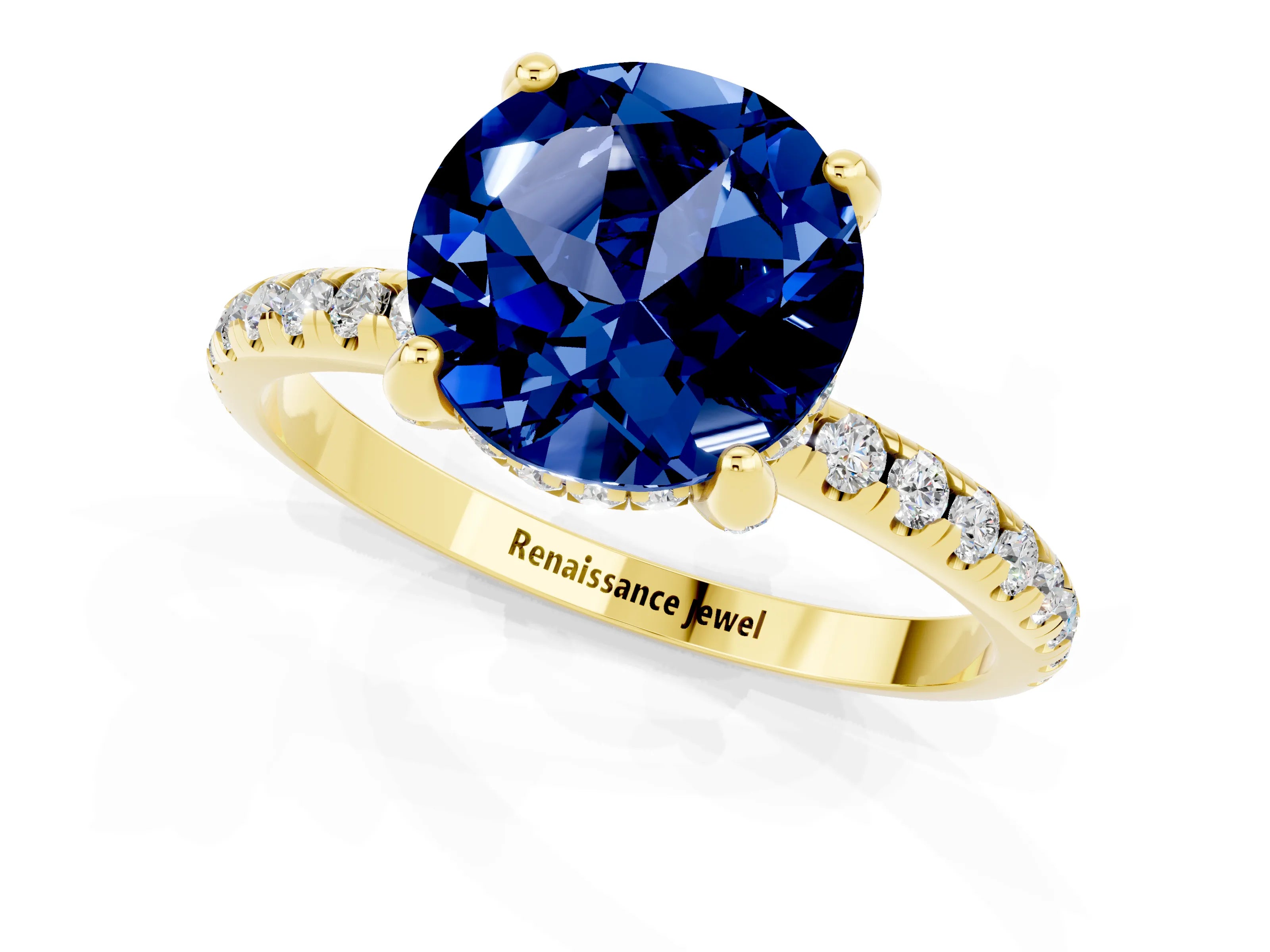 Yellow gold Round Cut Diamond Solitaire Ring with Four-Prong Setting and Pavé Band_1