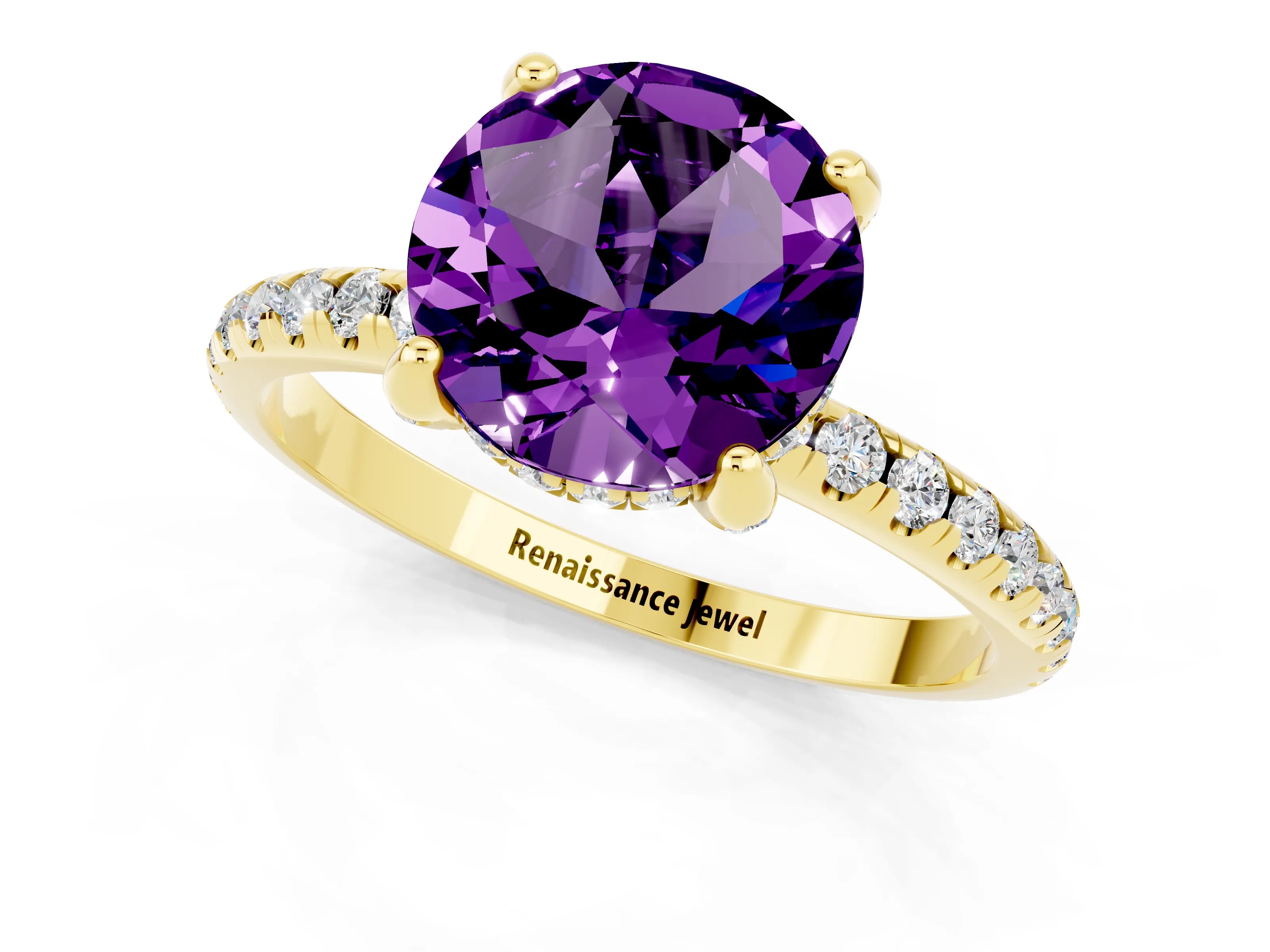 Yellow gold Round Cut Diamond Solitaire Ring with Four-Prong Setting and Pavé Band_1