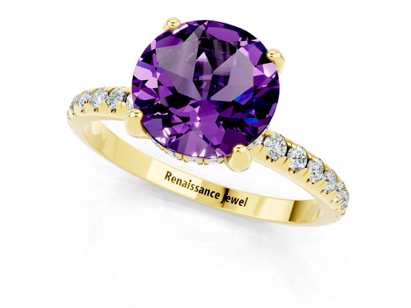 Yellow gold Round Cut Amethyst Hidden Halo Engagement Ring with Round Pavé Band and Prong Setting
