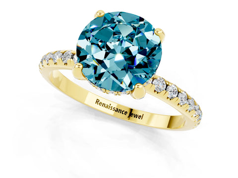 Yellow gold Round Cut Diamond Solitaire Ring with Four-Prong Setting and Pavé Band_1