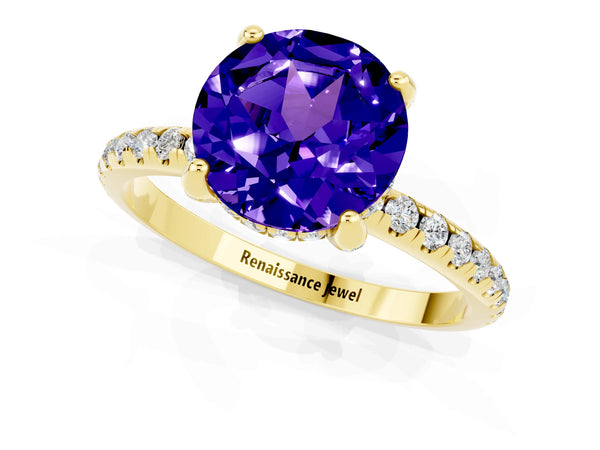 Yellow gold Round Cut Tanzanite Hidden Halo Engagement Ring with Round Pavé Band and Prong Setting